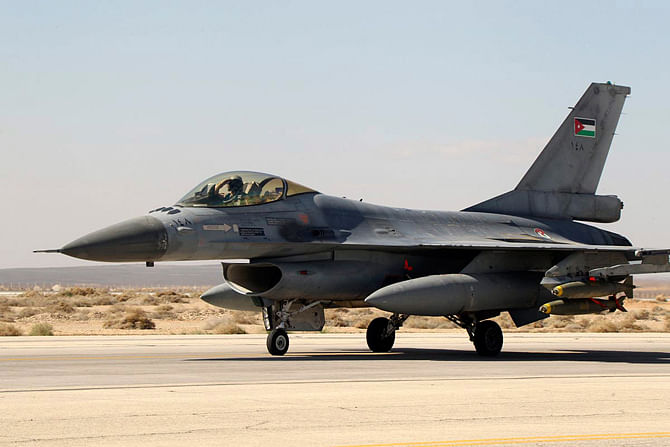 A Royal Jordanian Air Force plane takes off from an air base to strike the Islamic state. Photo: Reuters