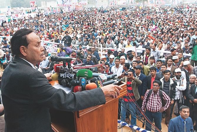 Jatiya Party chief HM Ershad addresses a rally in the capital's Suhrawardy Udyan yesterday marking the party's 29th founding anniversary. Photo: Palash Khan