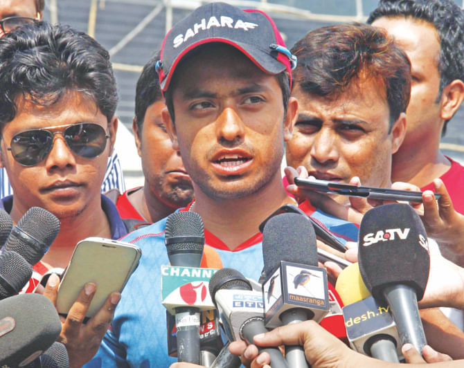 Jubair Hossain speaks to the media after a training session at the Sher-e-Bangla National Stadium in Mirpur yesterday. PHOTO: STAR