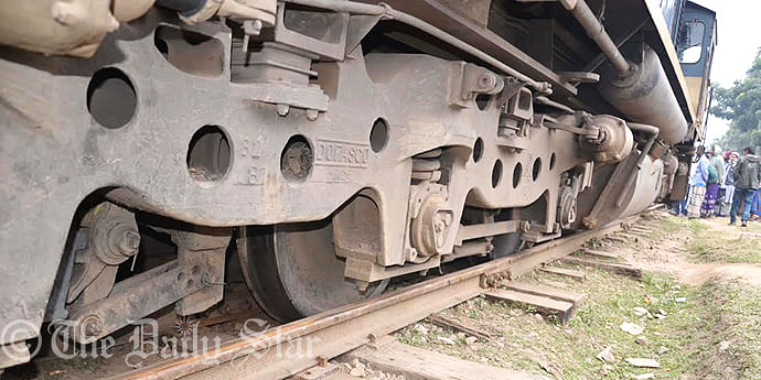 This photo shows a wheel of Egaro Sindhu Express train derailed from the railway tracks in Kishoreganj. Rail communications of the district with Mymensingh and Dhaka remain suspended since the derailment this afternoon