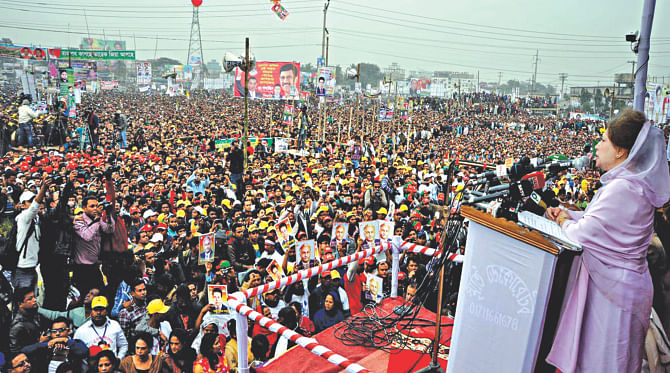 BNP Chairperson Khaleda Zia addresses a rally organised by the BNP-led 20-party alliance at Kanchpur Balur Math in Narayanganj yesterday. Photo: BNP