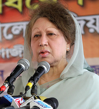 Khaleda Zia today claimed that AL did not partake in the Liberation War at a programme of a section of Bangladesh Federal Union of Journalists at Jatiya Press Club. Photo: TV grab