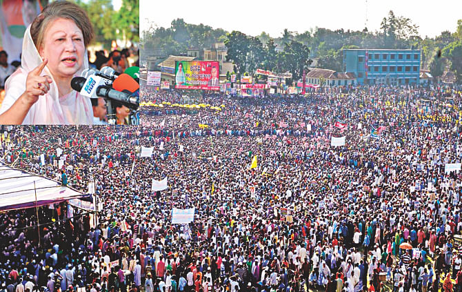 BNP Chairperson Khaleda Zia, inset, addresses a rally at Nilphamari High School ground yesterday.   Photo: Star