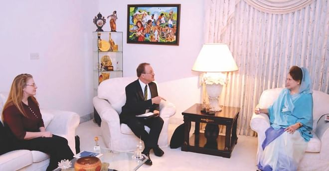 US Ambassador to Bangladesh Dan W Mozena meets BNP Chairperson Khaleda Zia in her Gulshan residence in the capital yesterday. Photo: BNP