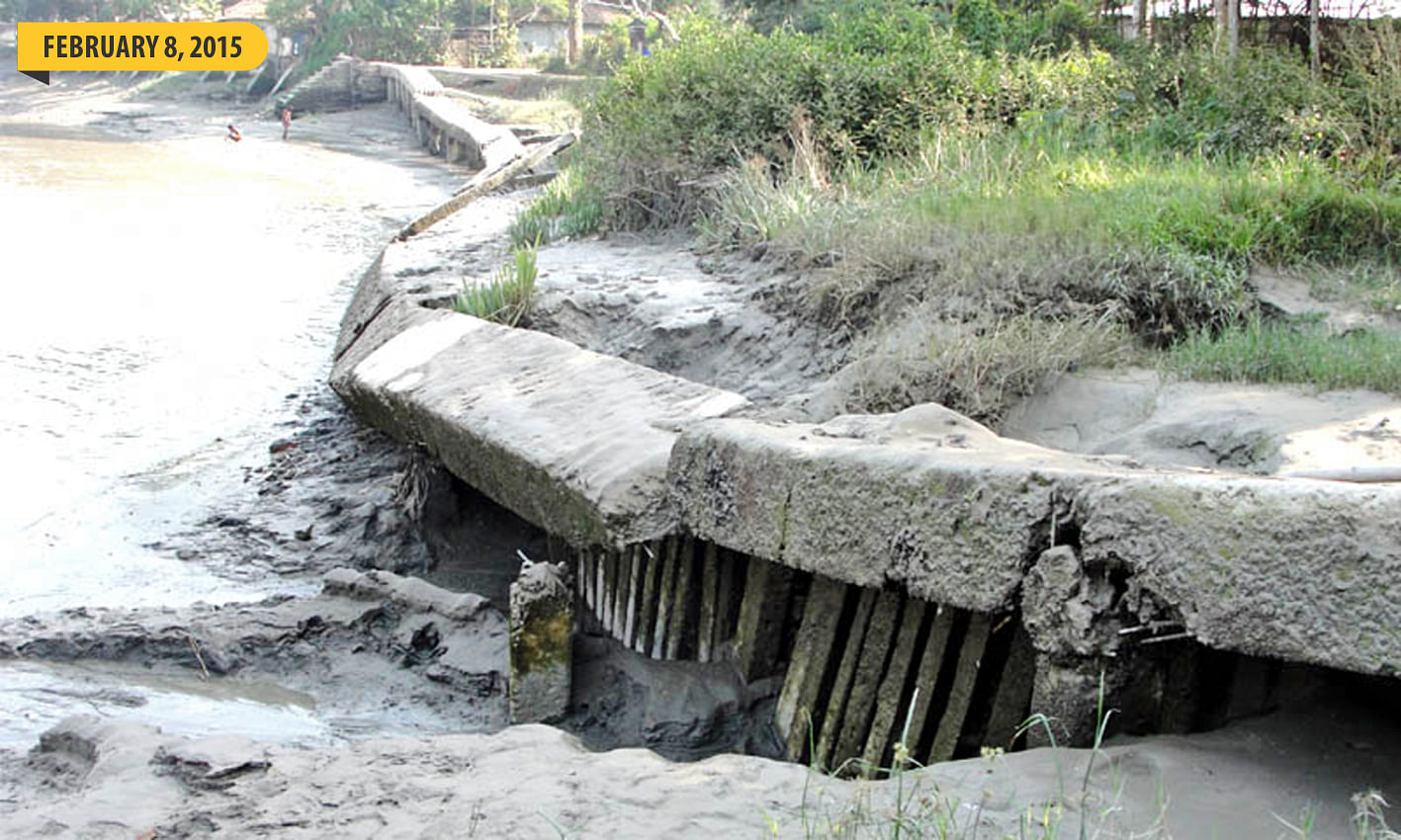 The Khulna city protection embankment has been slowly going into the Bhairab River over the last couple of years. The Daily Star reported it twice--in 2013 and again in 2014--within the space of one year. Each time, the local officials of the Water Development Board, its custodian, said they asked for Tk 22.19 crore from the headquarters in 2011 to rehabilitate the structure, which is protecting the citys eastern fringe from flooding. But the fund has not been available yet. Meanwhile, local businessmen and social activists repeatedly blamed use of substandard construction materials for the early damage to the embankment, which was built only in 2000 and was supposed to last four or five decades. Photos: Star