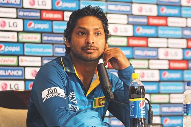 Sri Lanka's talismanic batsman Kumar Sangakkara attends a press conference at a city hotel yesterday. The master batsman was in a relaxed mood having announced his retirement from T20Is after the end of the World Twenty20.  Photo: Star