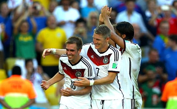  Bastian Schweinsteiger and Benedikt Hoewedes and Philipp Lahm of Germany celebrate after the 2014 FIFA World Cup Brazil Quarter Final match between France and Germany at Maracana on July 4, 2014 in Rio de Janeiro, Brazil. Photo: Getty Images