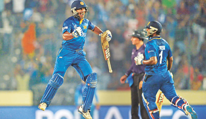 SAVED THE BEST FOR THE LAST: Kumar Sangakkara leaps into the air after leading Sri Lanka to a six-wicket win over India in the ICC World T20 final at the Sher-e-Bangla National Stadium in Mirpur yesterday. Photo: AFP