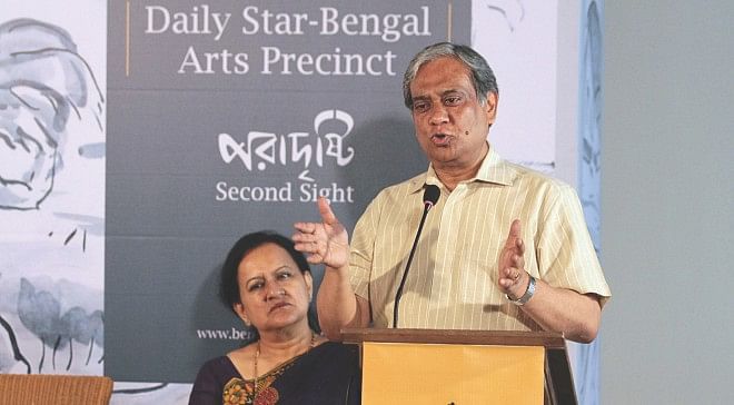 Abul Khair Litu, chairperson and founder of the Bengal Foundation, speaks at a press conference in the capital's The Daily Star Centre yesterday to announce the inauguration of The Daily Star-Bengal Arts Precinct with an exhibition of selected artworks by maestro SM Sultan today. Sadya Afreen Mallick, editor of Arts and Entertainment, The Daily Star, looks on. Photo: Star
