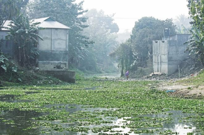 Structures built through occupying the river Louhajang in Akur Takur Para in Tangail. Photo: Mirza Shakil