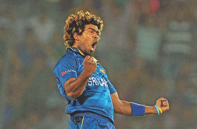 Sri Lanka captain and ace fast bowler Lasith Malinga takes his second wicket, the crucial one of opener Dwayne Smith, to set the West Indies on the path to defeat in the first semifinal of the ICC World Twenty20 at the Sher-e-Bangla National Stadium yesterday.  PHOTO: AFP