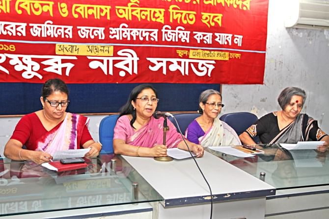 Second from left, Shaheen Anam, executive director of Manusher Jonno Foundation, speaks at a press conference organised by a group of civil society organisations at Dhaka Reporters Unity yesterday.  Photo: Star