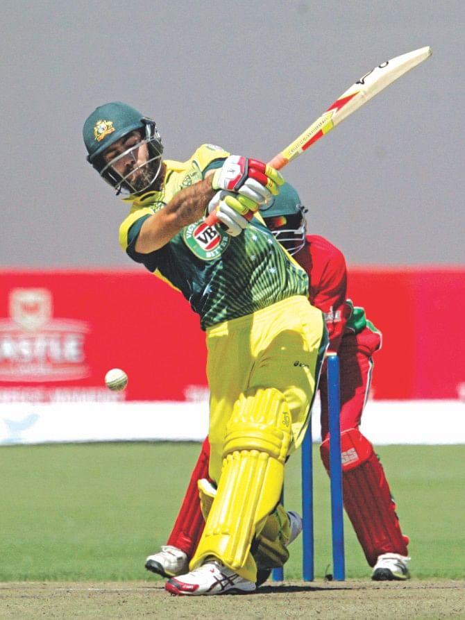 Australia's Glenn Maxwell ran riot with a 46-ball 93 against Zimbabwe in the opening match of one-day international tri-series at the Harare Sports Club on Monday. PHOTO: AFP