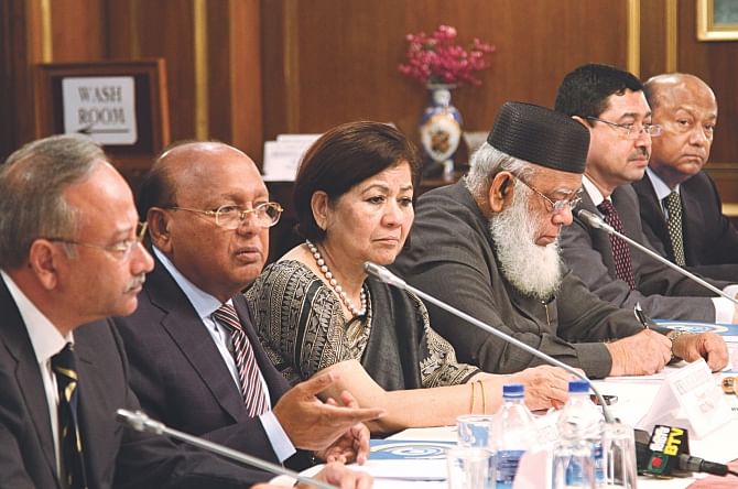 From left, Kamran T Rahman, a member of the MCCI committee; Tofail Ahmed, commerce minister; Rokia Afzal Rahman, president of MCCI; Mahbubur Rahman, president of ICCB; Farooq Ahmed, MCCI secretary-general; and Latifur Rahman, vice president of ICCB, attend the launch of a report on non-tariff measures in South Asia, at MCCI in Dhaka yesterday. Photo: Star