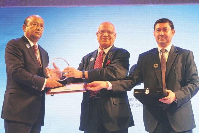 The MCCI yesterday awarded 20 businesses and individuals. Representatives of different organisations received the awards from Finance Minister AMA Muhith at a ceremony at Bangabandhu International Conference Centre in Dhaka yesterday.  Latifur Rahman, chairman of Transcom Group. Photo: Star 