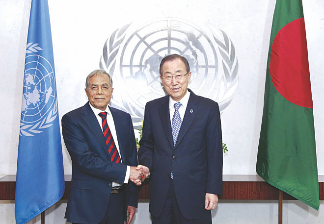 UN Secretary-General Ban Ki-moon meets with President of Bangladesh Abdul Hamid at United Nations in New York on June 19. Photo: UN