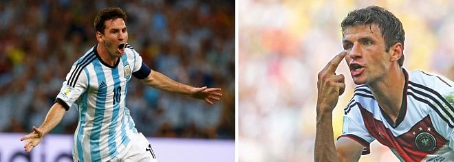 Lionel Messi? Or Thomas Mueller? The world waits on the Argentine genius (L) and the German machine to see who comes out smiling at the Maracana today. PHOTOS: REUTERS