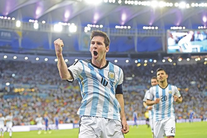 The Goal Everyone Wanted To See : Argentina superstar Lionel Messi pumps his fist as he celebrates his brilliant goal against Bosnia-Herzegovina in their Group F clash of the World Cup in Maracana, Rio de Janeiro on Sunday. PHOTO: GETTY IMAGES