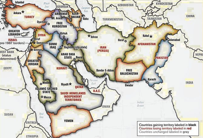 The above map was prepared by Lieutenant-Colonel Ralph Peters. It was published in the Armed Forces Journal in June 2006, Peters is a retired colonel of the U.S. National War Academy. (Map Copyright Lieutenant-Colonel Ralph Peters 2006). 