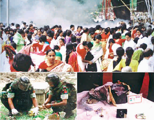 The complied photos taken on April 14, 2001 show panic-stricken people  running for cover (top) after the huge explosion while law enforcement and intelligence  agencies collected clues and samples.