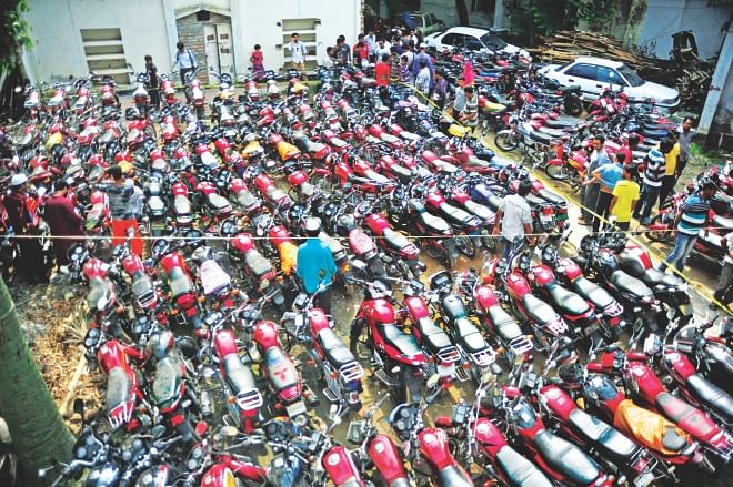Police yesterday put on display 227 stolen motorbikes at Mirpur Police Station. Photo: Star