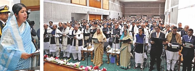 Speaker Shirin Sharmin Chaudhury administers oath to 284 MPs elected in the 10th parliamentary election at Jatiya Sangsad Bhaban yesterday. Photo: BSS