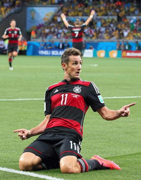 Miroslav Klose of Germany celebrates scoring his team's second goal during the 2014 FIFA World Cup Brazil Semi Final match between Brazil and Germany at Estadio Mineirao on July 8, 2014 in Belo Horizonte, Brazil. Photo: Getty Images