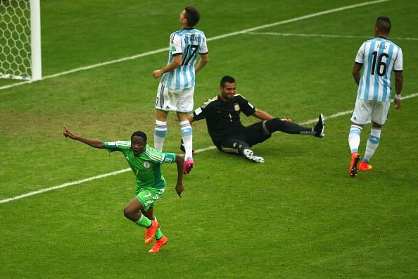 Ahmed Musa of Nigeria celebrates scoring his team's second goal and his second of the game past Sergio Romero of Argentina during the 2014 FIFA World Cup Brazil Group F match between Nigeria and Argentina at Estadio Beira-Rio on June 25, 2014 in Porto Alegre, Brazil. Photo: Getty Images