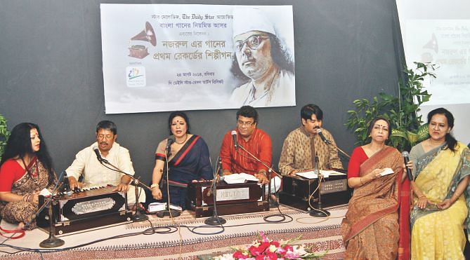(From left) Fatema Tuz Zohra, Sumon Chowdhury, Nashid Kamal, Khairul Anam Shakil, Sujit Mustafa, Dalia Nausheen and Sadya Afreen Mallick. Photo: Prabir Das
