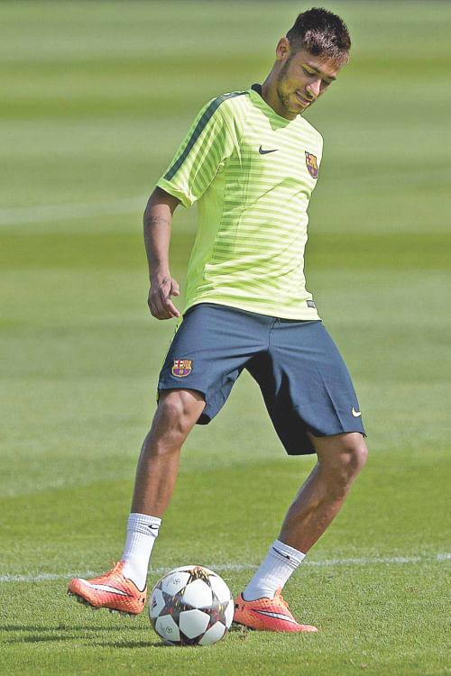 Barcelona star Neymar takes part in a training session in Sant Joan Despi yesterday on the eve of their Champions League match against Apoel. Photo: AFP
