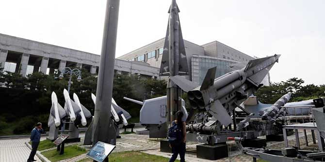 In this May 20, 2013 photo, a mock Scud-B missile of North Korea, left, and other South Korean missiles are displayed at the Korea War Memorial Museum in Seoul, South Korea. Photo: AP