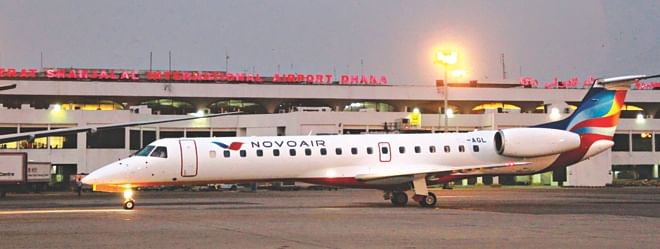 A new 49-seater Embraer EMB-145 jet, the third aircraft of Novoair's fleet, sits on the tarmac at Shahjalal International Airport in Dhaka yesterday.  Photo: Novoair