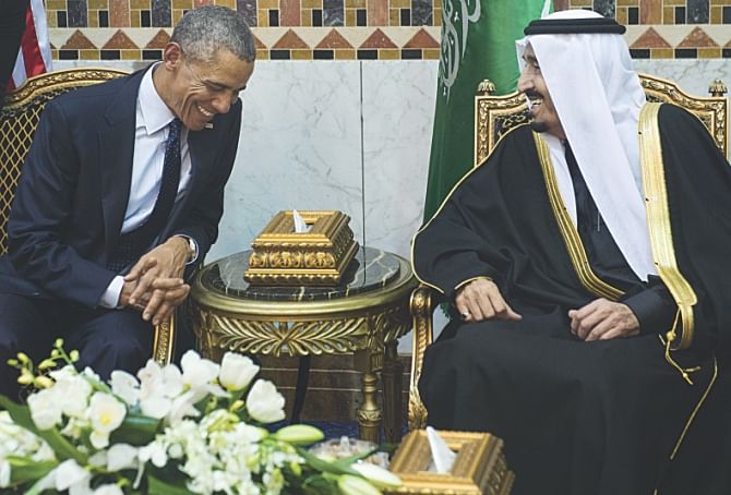 Saudi new King Salman meets with US President Barack Obama at the Erga Palace in Riyadh, yesterday. Photo: AFP