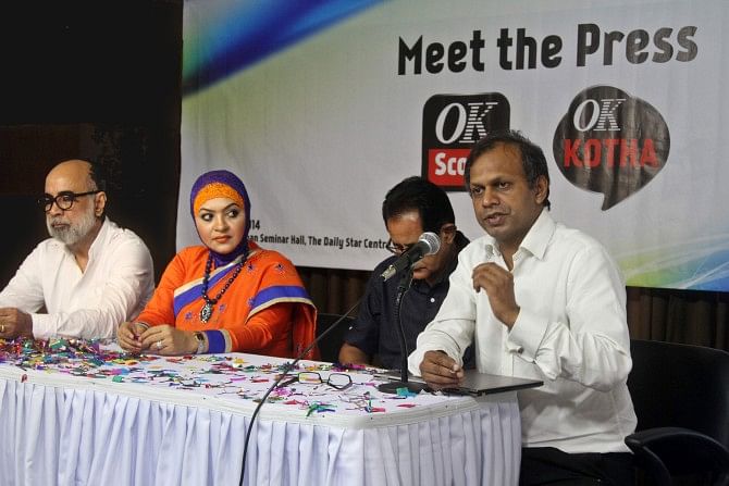 Representatives of OK Mobile attend the launch of the local mobile TV application—OK Scope—and instant messaging voice over internet protocol application—OK Kotha—at a press conference, at The Daily Star Centre in Dhaka yesterday. Photo: Star
