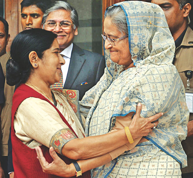 POWER WOMEN: Visiting Indian External Affairs Minister Sushma Swaraj and Prime Minister Sheikh Hasina at the Prime Minister's Office yesterday when Swaraj came calling. Photo: PMO