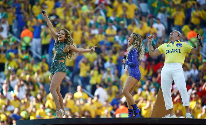 Singers (from L-R) Jennifer Lopez, Claudia Leitte and Pitbull are at full blast during the opening ceremony of FIFA World Cup 2014 at the Arena Corinthians in Sao Paulo on Thursday. PHOTO: REUTERS