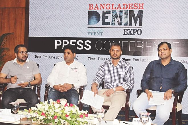 Organisers of a denim exposition to be held in November in Dhaka attend a press conference at Sonargaon Hotel yesterday. Photo: Star