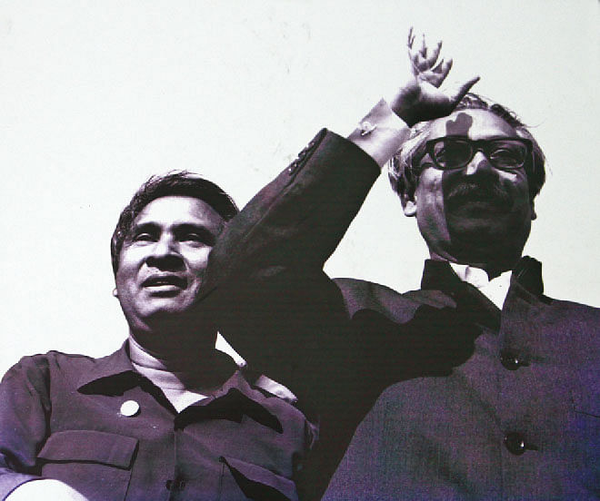 Tajuddin and Banglabandhu on January 10, 1972. Photo Courtesy: Simin Hossain Rimi