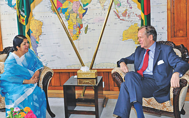 Outgoing German envoy Albrecht Conze meets Speaker Shirin Sharmin Chaudhury at the latter's office in the  Jatiya Sangsad yesterday. Photo: PID