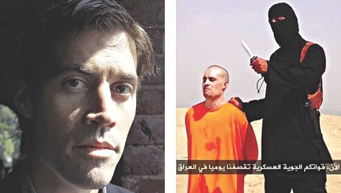 A file photo of US journalist James Foley, left, and  a video grab of the beheading video that the militants posted online.  Photo: Mail Online