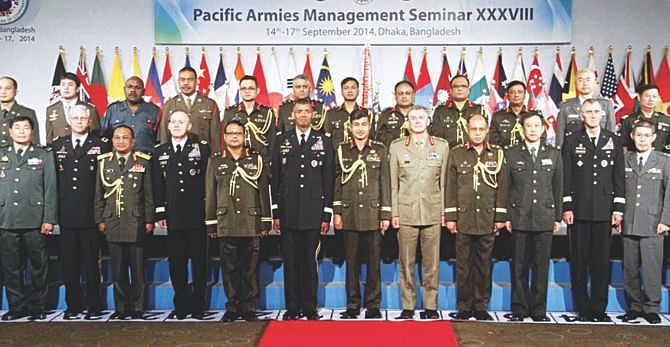 Chiefs and top officials of the armies from around 25 Asia-Pacific and Indian Ocean countries on the inaugural day of the four-day 38th Pacific Armies Management Seminar at Radisson Hotel in the capital yesterday. Photo: Banglar Chokh
