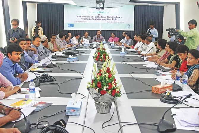 Participants at a roundtable on “Elimination of Hazardous Child Labour: Problem Analysis and Our Role” organised by Bangladesh Shishu Adhikar Forum at The daily Star Centre in the capital yesterday. Photo: Star