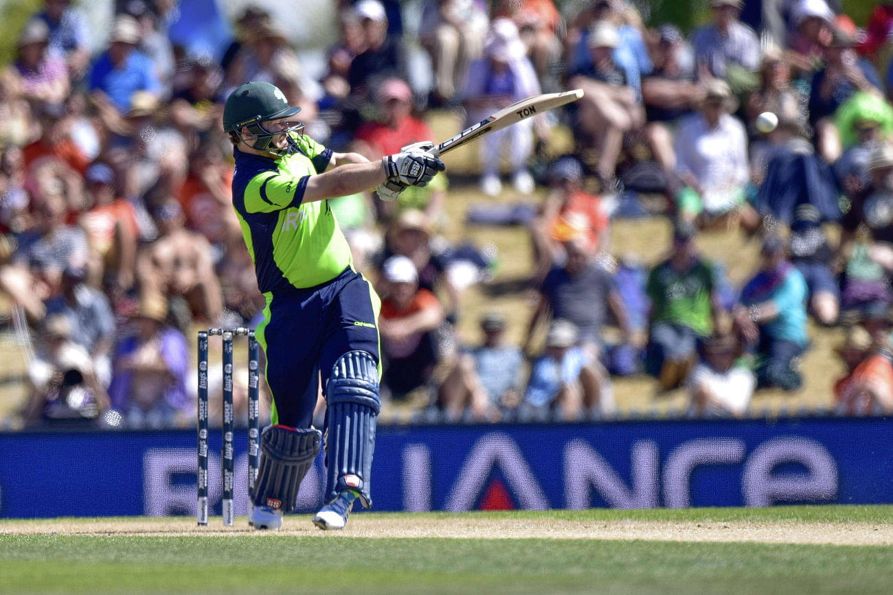Paul Stirling struck a sublime 92 to set the tone for Ireland to topple West Indies 300-plus score and more importantly cause the first upset of the 2015 World Cup at Saxton Oval in Nelson yesterday. Photo: AFP