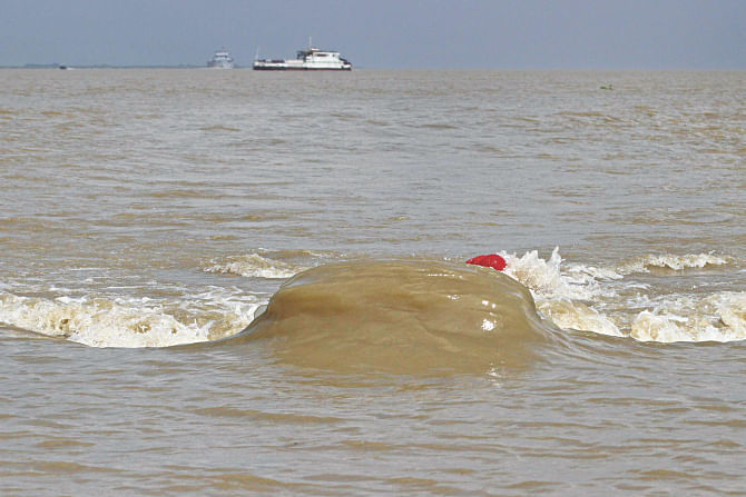 The strong current of the Padma flows over a steel drum. Locals anchored the drum and a buoy to mark the spot where many earlier suspected Pinak-6 had come to rest under water. Photo: Star