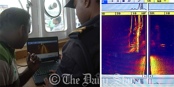 Rescuers examining the signal received from a metallic object resembling the sunken launch Pinak-6 in size (L). The image of signal has been generated from eco sounder devise (R). Photo: Star