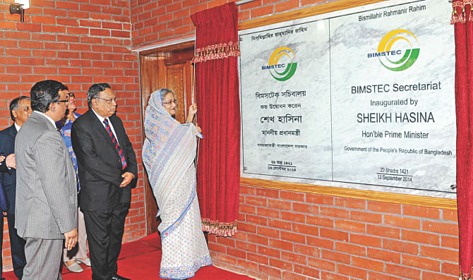 Prime Minister Sheikh Hasina unveils the plaque of BIMSTEC Secretariat at Gulshan in the capital yesterday. Photo: BSS