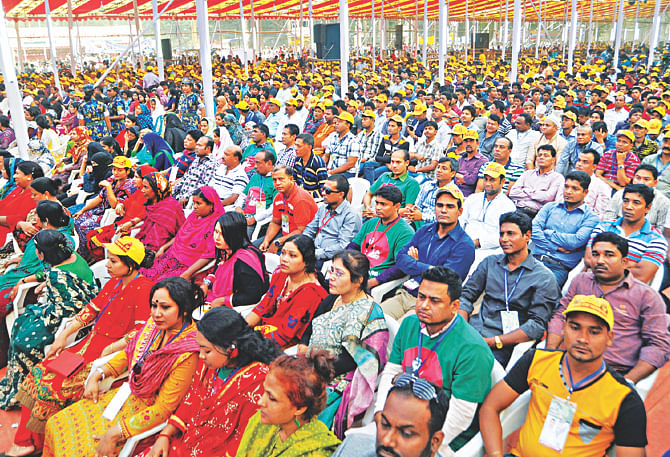 Awami League President and Prime Minister Sheikh Hasina addresses a rally in the capital's Suhrawardy Udyan yesterday organised marking Jubo League's 42nd founding anniversary. Photo: BSS