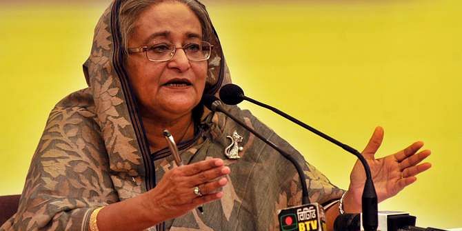 Prime Minister Sheikh Hasina addresses a press conference at Gono Bhaban on Saturday. Photo: BSS