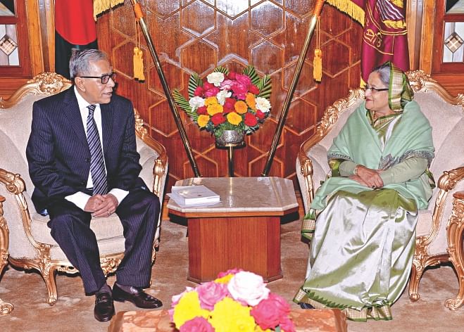 Prime Minister Sheikh Hasina meets President Abdul Hamid in his residence Bangabhaban in the capital yesterday. Photo: PID