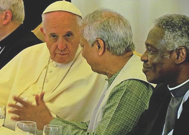 Pope Francis listening to Nobel laureate Prof Muhammad Yunus as the latter talks about social business at the Vatican City. Photo: Yunus Centre